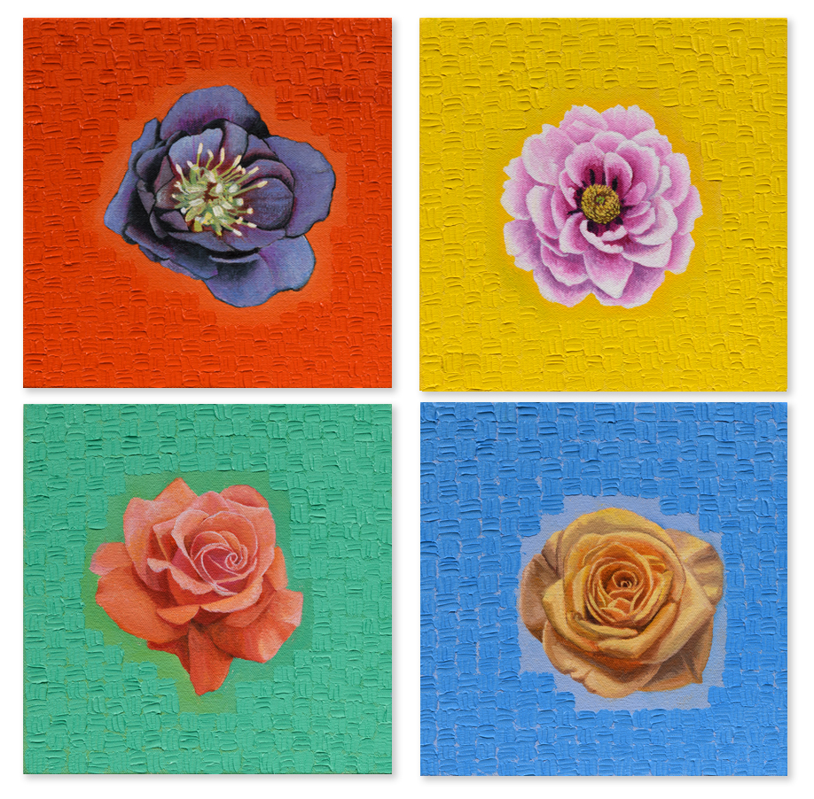 Dark Petals, Pink & Yellow, Pink Rose, Yellow & Blue (from top left)